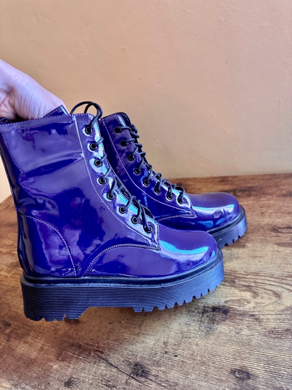 Dark Purple Boots Indigo Shiny Glossy Lace-Up combat platform blue edm edc rave